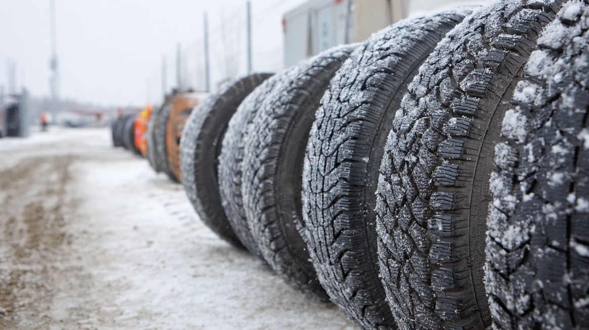 Row of winter tires covered in frost lined up on a snowy surface