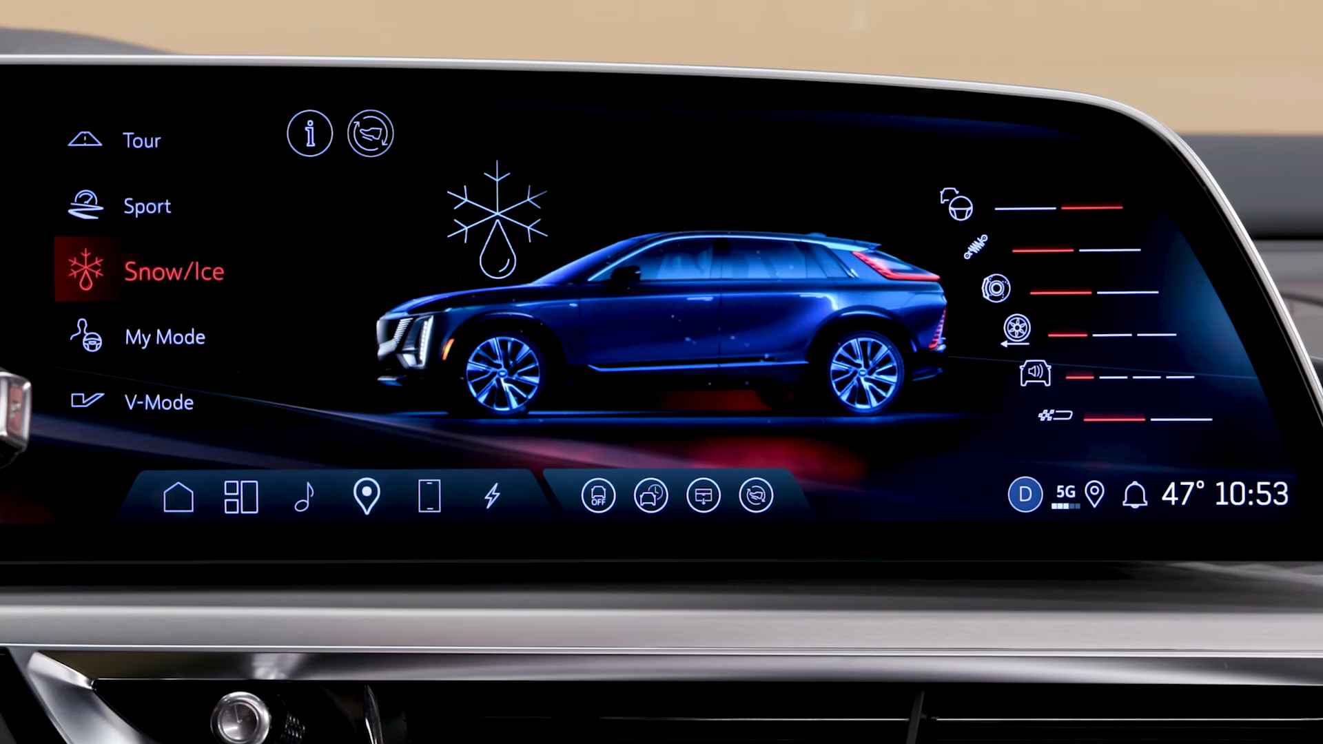 Cadillac Lyriq digital dashboard with Snow/Ice mode selected, showing a blue vehicle graphic and snowflake icon indicating low-traction settings