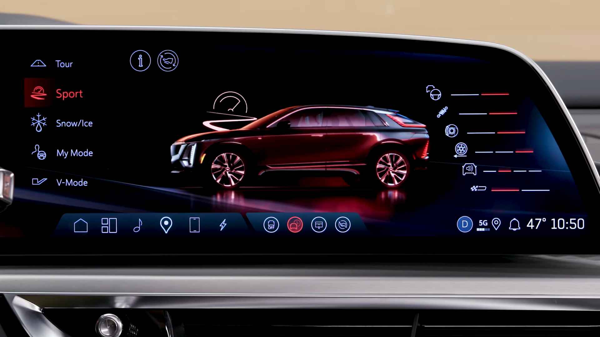 Cadillac Lyriq digital dashboard with Sport mode selected, showing a red vehicle graphic and performance-focused settings