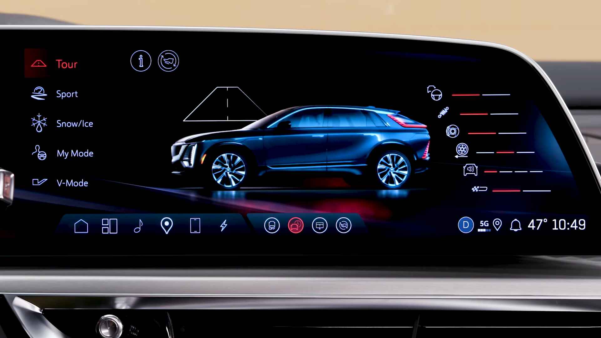 Cadillac Lyriq digital dashboard highlighting Tour mode with a vehicle graphic and performance settings displayed