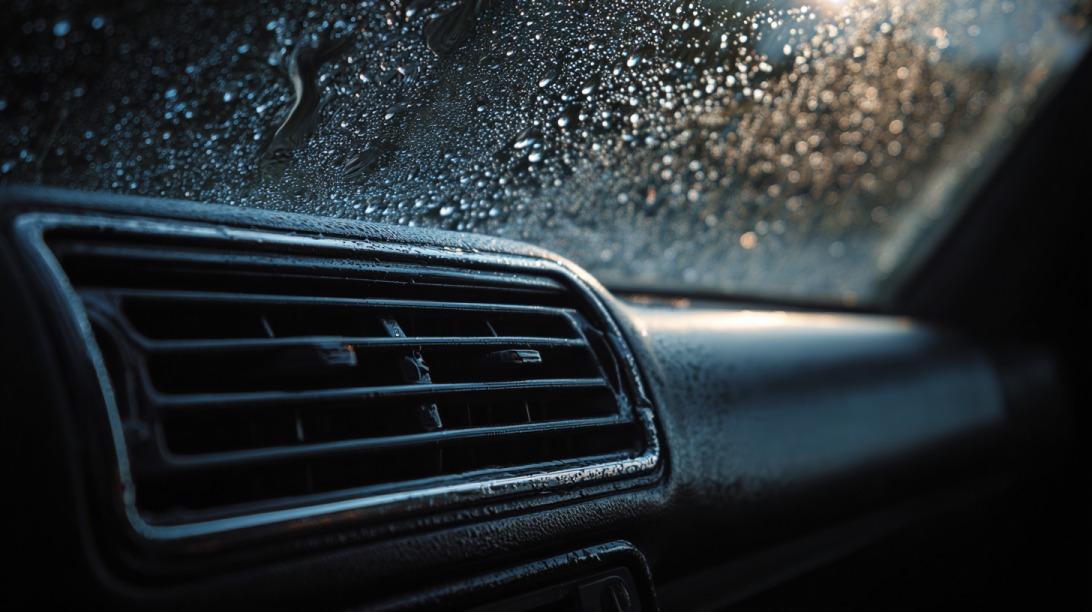 Close up of a vehicle dashboard air vent with water droplets visible on the windshield in the background