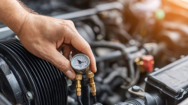 Close up of a mechanic’s hand holding a pressure gauge attached to a car air conditioning line inside the engine bay