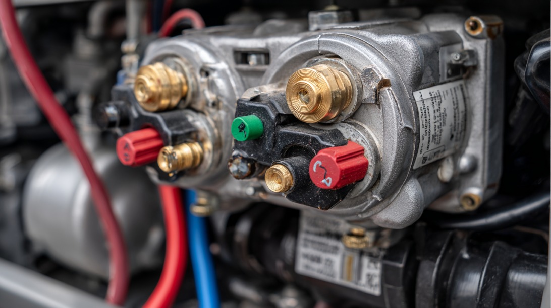 Detailed view of a vehicle air conditioning component with brass fittings, colored caps, and connected hoses