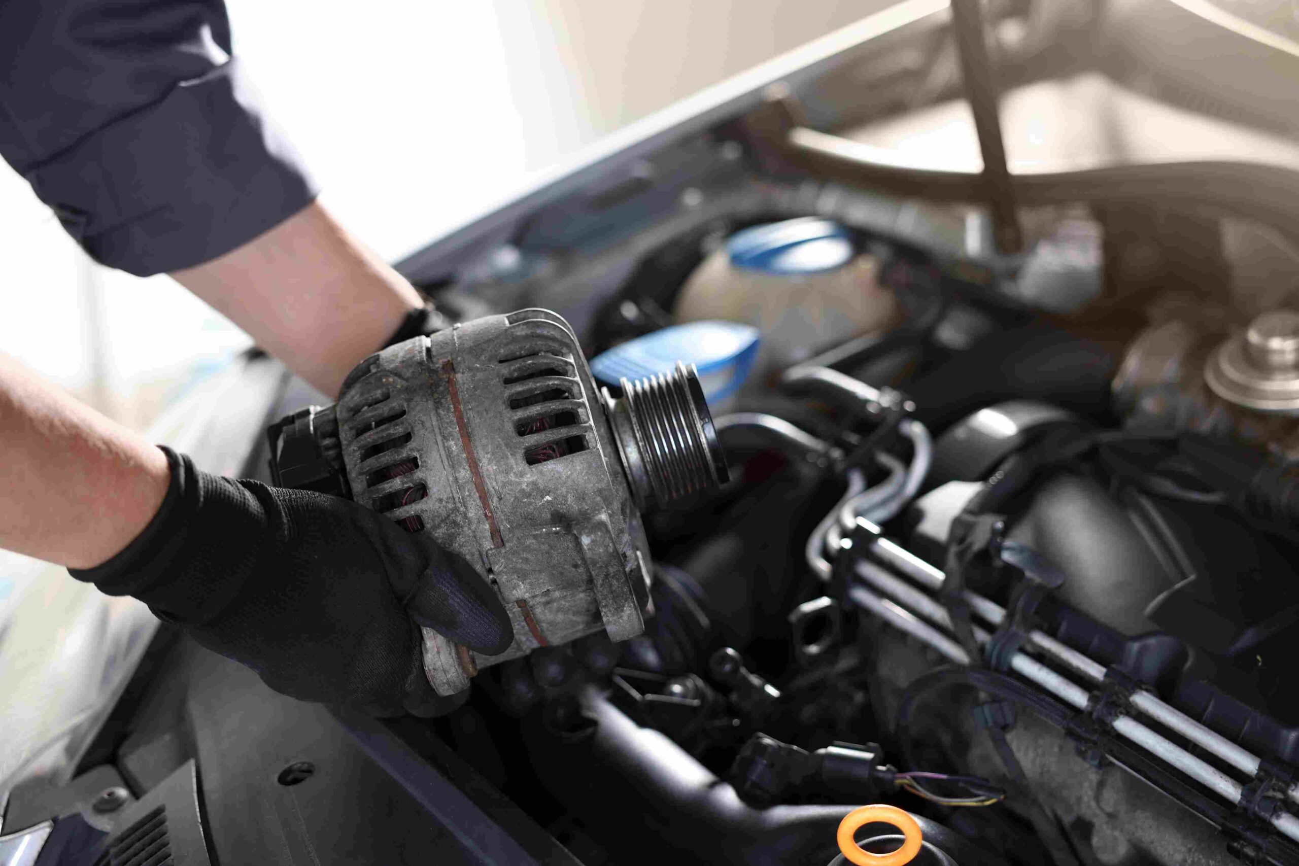 A person installing or removing a car alternator inside an engine bay