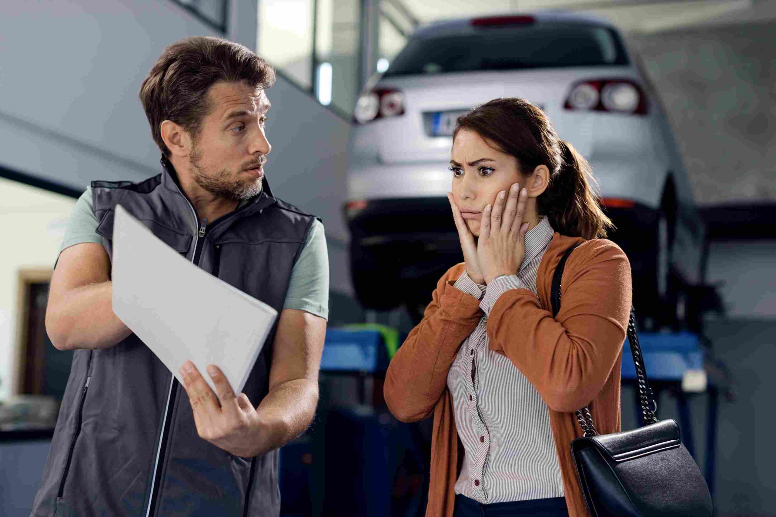 A mechanic explaining repair costs to a surprised customer in an auto shop