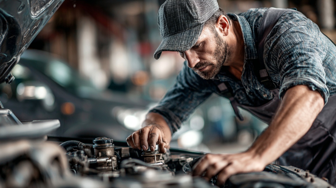 A mechanic inspecting and working on a car engine in a garage