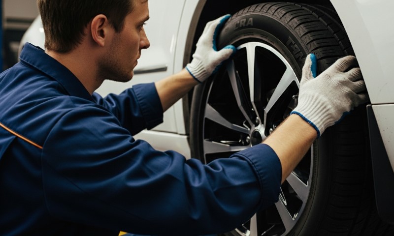 Mechanic in blue uniform and gloves inspects a car tire