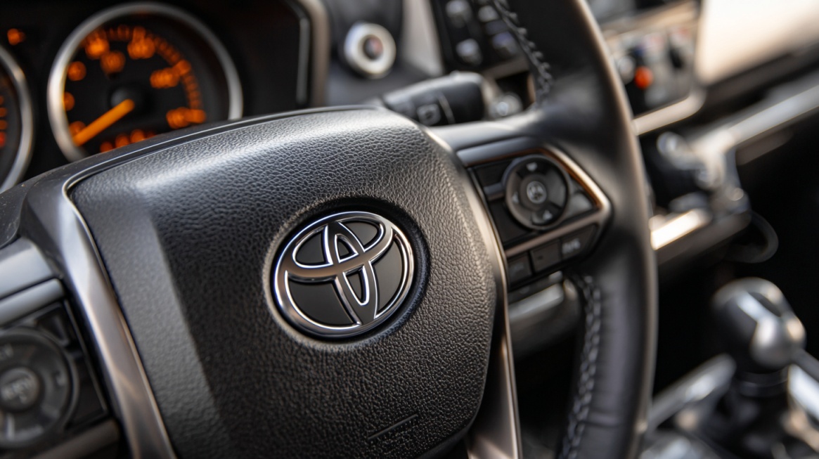 Toyota logo on a car steering wheel with dashboard and controls visible in the background