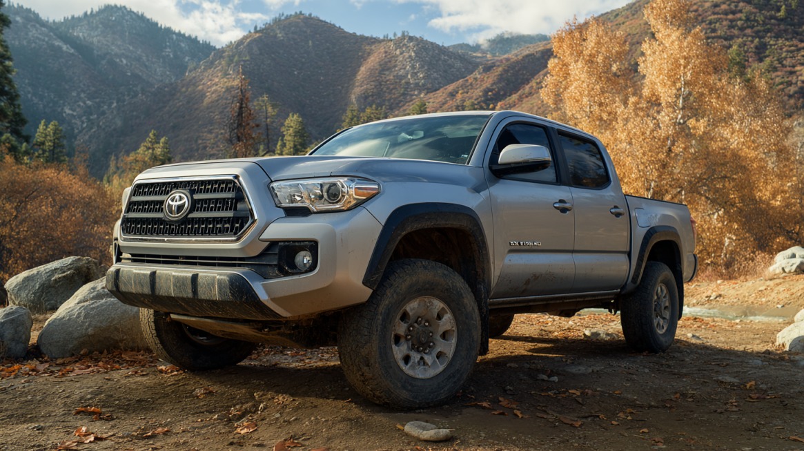 Toyota Tacoma pickup truck parked outdoors in a mountain landscape