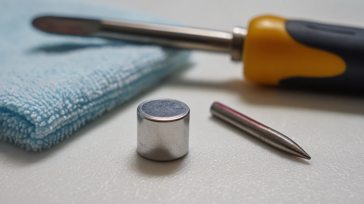 Small coin battery with a screwdriver and cleaning cloth on a work surface