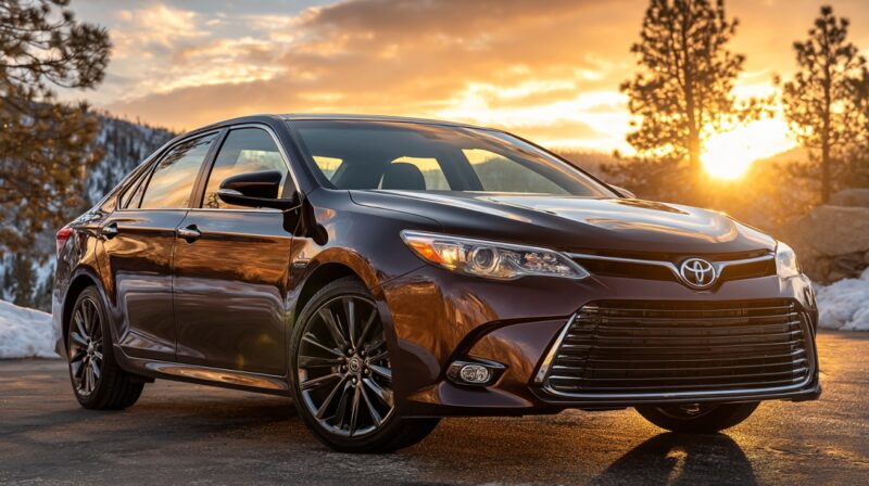 Toyota sedan parked outdoors at sunset with mountains and trees in the background