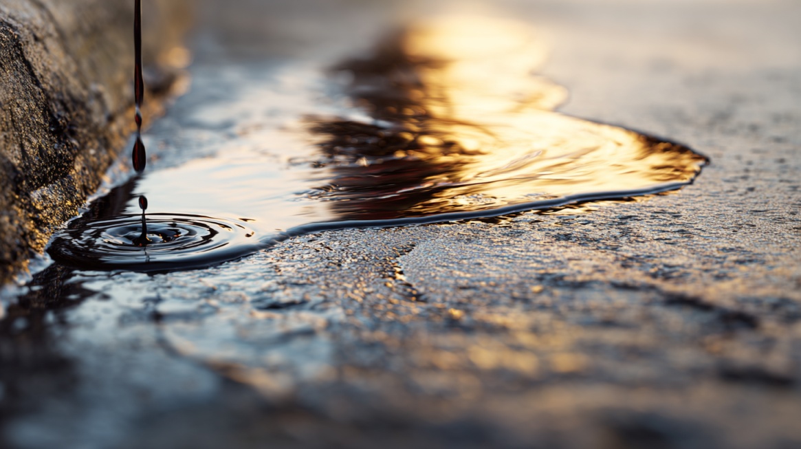 Engine oil dripping onto the ground and forming a puddle on pavement