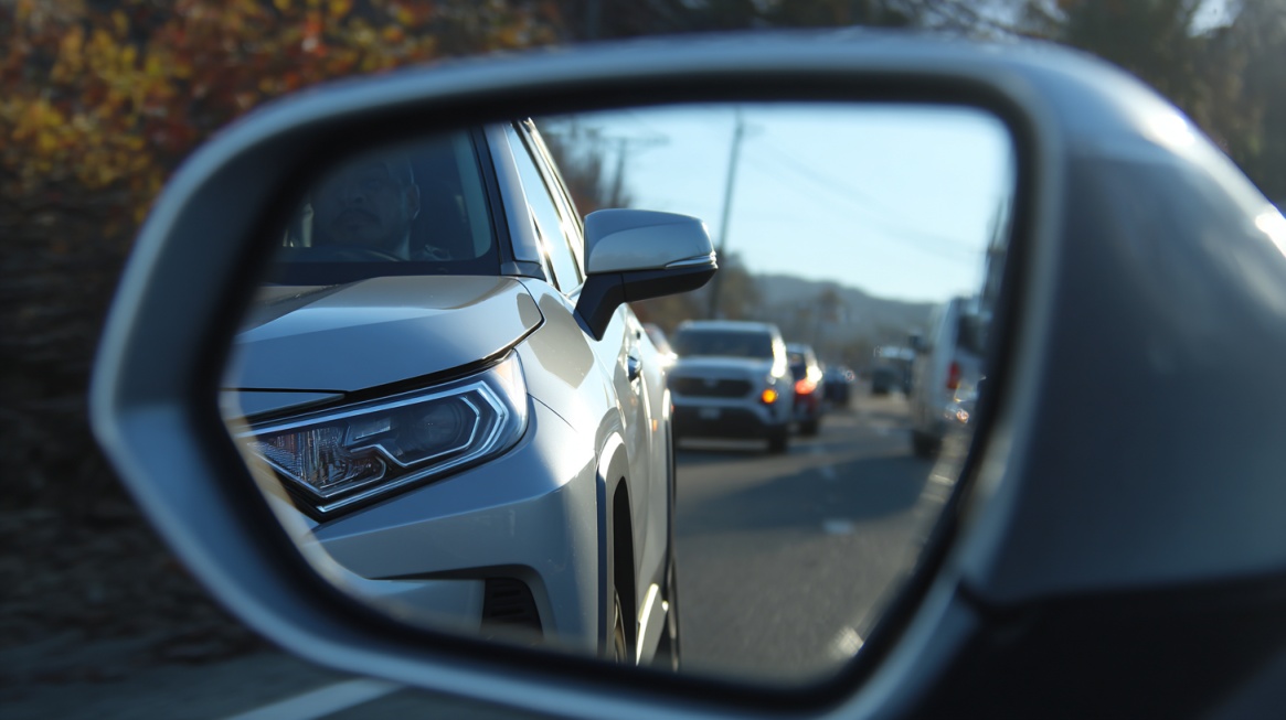 Side mirror view showing traffic behind a car, illustrating blind spot monitoring while driving
