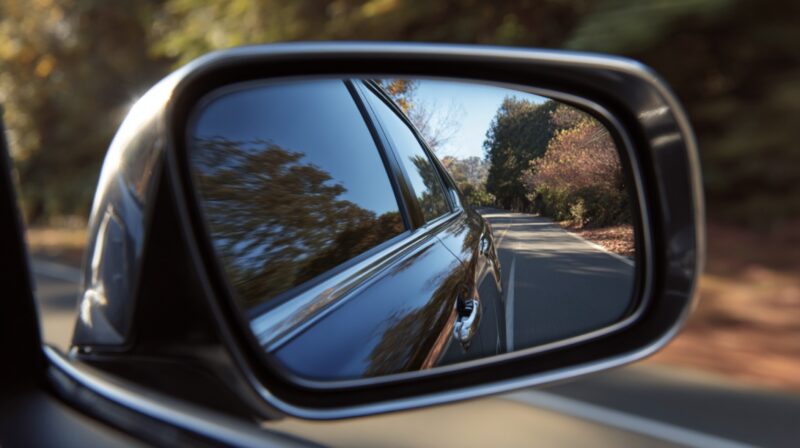 View of a road and trees reflected in a car’s side mirror while driving