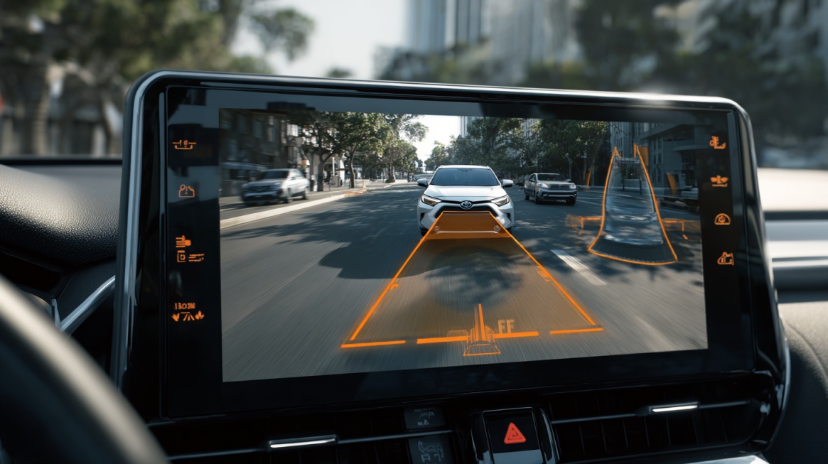 Car dashboard display showing a blind spot monitoring system detecting vehicles around the car