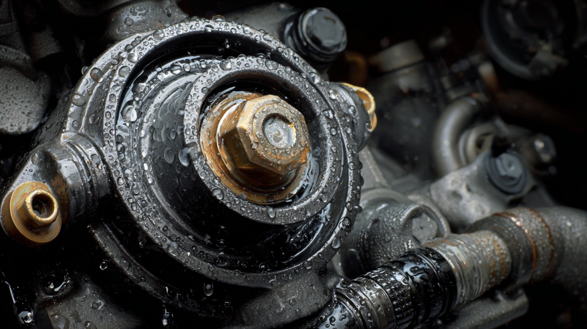 Engine water pump with visible rust and moisture buildup around the central bolt and housing