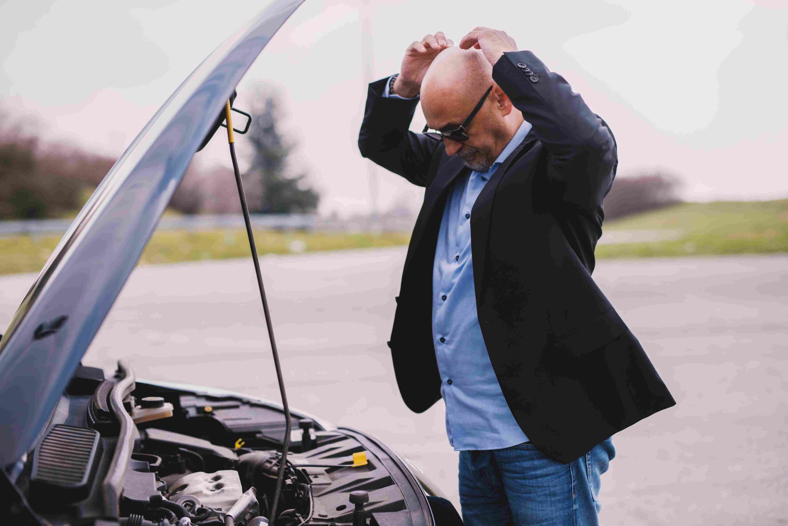 A frustrated man standing by an open car hood, holding his head